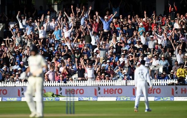 Fans cheer during day three of the Second LV= Insurance Test Match between England and India at Lord's Cricket Ground on August 14, 2021 in London,...