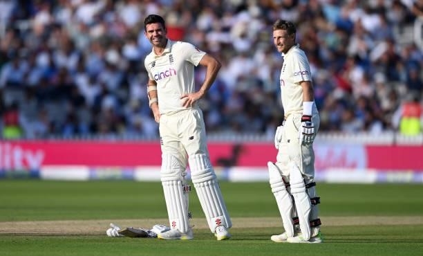 England captain Joe Root and James Anderson share a joke during day three of the Second LV= Insurance Test Match between England and India at Lord's...