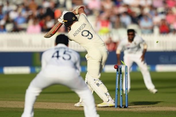 Jimmy Anderson of England is bowled by Mohammed Shami of India off the last over of the dayd uring the Second LV= Insurance Test Match: Day Three...