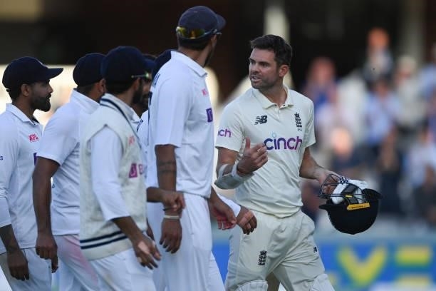 Jimmy Anderson of England has words with some of the Indian team at the end of the Second LV= Insurance Test Match: Day Three between England and...