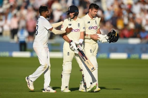 Mohammed Siraj of India congratulates Joe Root of England at the end of the Second LV= Insurance Test Match: Day Three between England and India at...