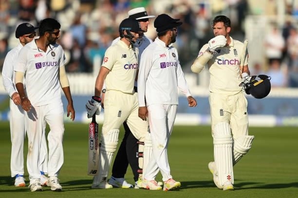 Jimmy Anderson of England has words with Jasprit Bumrah of India at the end of the Second LV= Insurance Test Match: Day Three between England and...