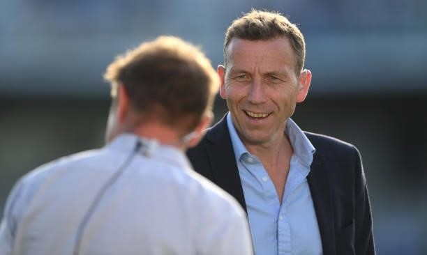 Sky Sports commentators Ian Ward and Michael Atherton look on after day three of the Second Test Match between England and India at Lord's Cricket...