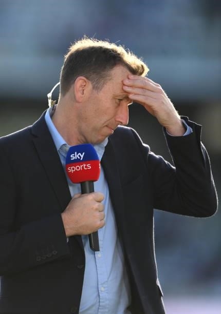 Sky Sports commentator Michael Atherton reacts after day three of the Second Test Match between England and India at Lord's Cricket Ground on August...