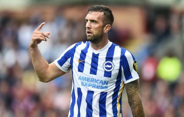 Shane Duffy of Brighton & Hove Albion gestures during the Premier League match between Burnley and Brighton & Hove Albion at Turf Moor on August 14,...