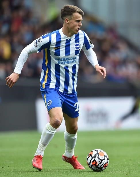 Solly March of Brighton & Hove runs with the ball during the Premier League match between Burnley and Brighton & Hove Albion at Turf Moor on August...