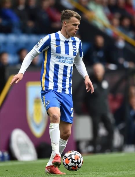 Solly March of Brighton & Hove controls the ball during the Premier League match between Burnley and Brighton & Hove Albion at Turf Moor on August...