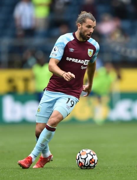 Jay Rodriguez of Burnley runs with the ball during the Premier League match between Burnley and Brighton & Hove Albion at Turf Moor on August 14,...