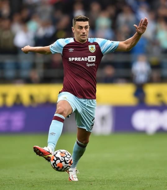 Matthew Lowton of Burnley during the Premier League match between Burnley and Brighton & Hove Albion at Turf Moor on August 14, 2021 in Burnley,...