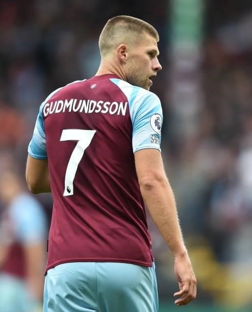 Johann Berg Gudmundsson of Burnley looks on during the Premier League match between Burnley and Brighton & Hove Albion at Turf Moor on August 14,...