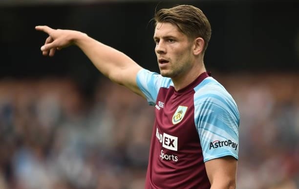 James Tarkowski of Burnley gestures during the Premier League match between Burnley and Brighton & Hove Albion at Turf Moor on August 14, 2021 in...