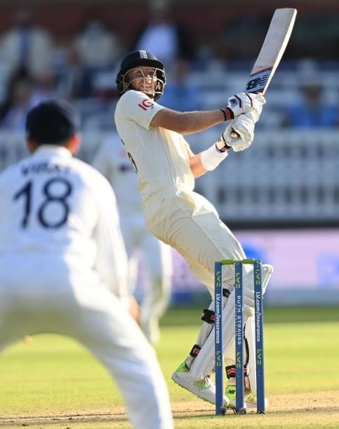 Joe Root of England hits a four during the third day of the 2nd LV= Test match between England and India at Lord's Cricket Ground on August 14, 2021...