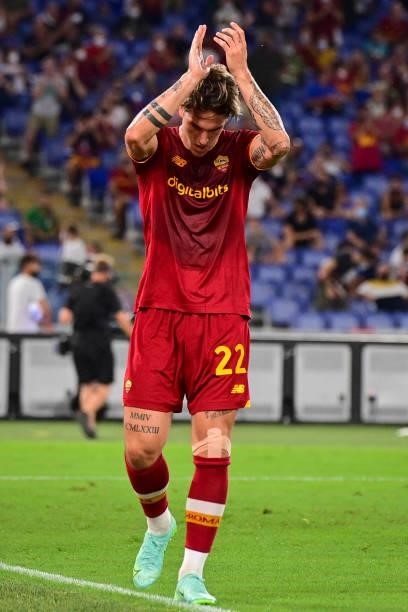 Nicolò zaniolo of AS Roma reacts during the pre-season friendly match between AS Roma and Raja Casablanca at Centro Sportivo Giulio Onesti on August...