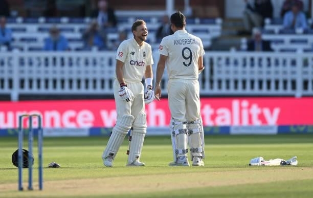 Joe Root and James Anderson of England share a joke during the third day of the 2nd LV= Test match between England and India at Lord's Cricket Ground...