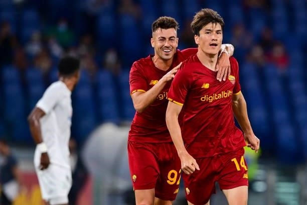 Eldor Shomurodov celebrates after scoring the first goal of his team with Stephan El Shaarawy during the pre-season friendly match between AS Roma...