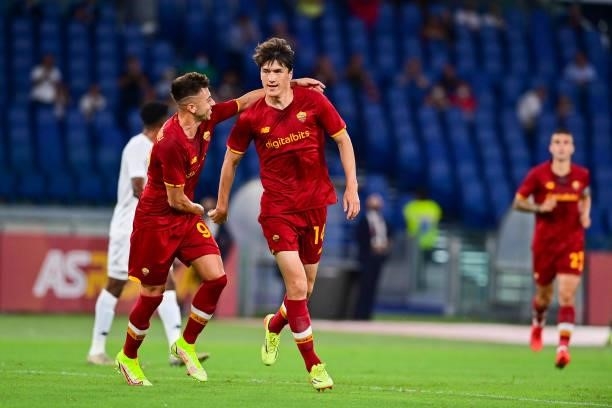 Eldor Shomurodov celebrates after scoring the first goal of his team with Stephan El Shaarawy during the pre-season friendly match between AS Roma...