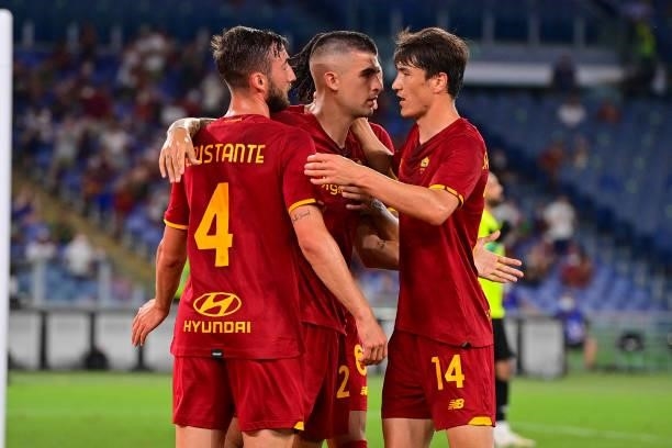Gianluca Mancini celebrates after scoring the second goal of his team with teammates during the pre-season friendly match between AS Roma and Raja...