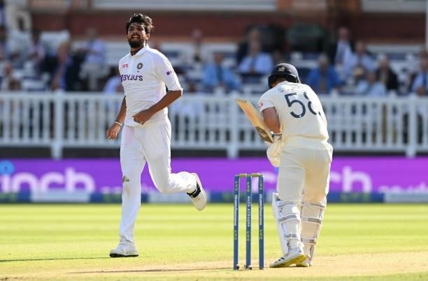 Ishant Sharma of India dismisses Sam Curran of England during the third day of the 2nd LV= Test match between England and India at Lord's Cricket...