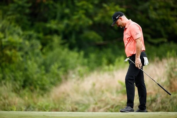 Rory Sabbatini of Slovakia reacts after missing a putt for birdie on the seventh green during the third round of the Wyndham Championship at...