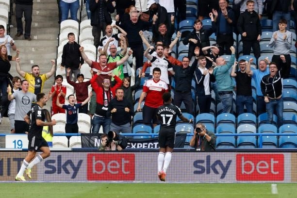 Ivan Cavaleiro of Fulham celebrates with the travelling fans after scoring during the Sky Bet Championship match between Huddersfield Town and Fulham...