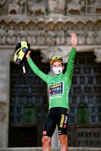 Primoz Roglic of Slovenia and Team Jumbo - Visma celebrates winning the green points jersey on the podium ceremony after the 76th Tour of Spain 2021,...