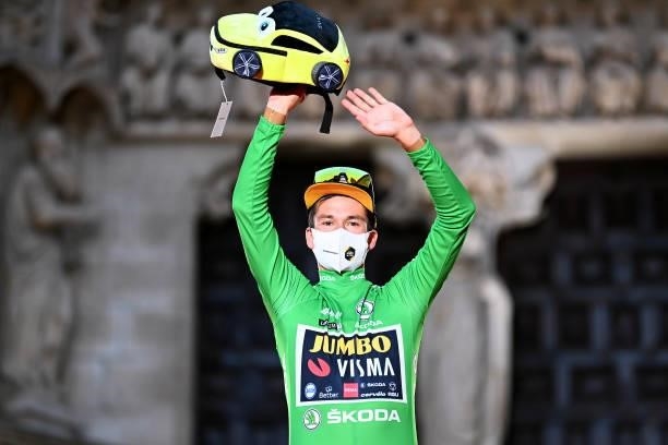Primoz Roglic of Slovenia and Team Jumbo - Visma celebrates winning the green points jersey on the podium ceremony after the 76th Tour of Spain 2021,...