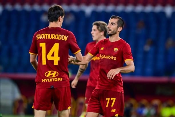 Henrikh Mkhitaryan celebrates after scoring the third goal of his team with teammates during the pre-season friendly match between AS Roma and Raja...
