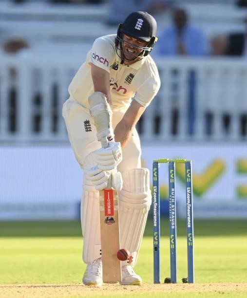James Anderson of England bats against Jasprit Bumrah during the third day of the 2nd LV= Test match between England and India at Lord's Cricket...