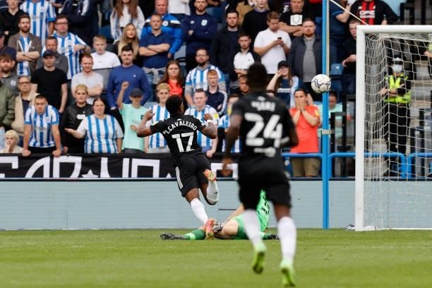 Ivan Cavaleiro of Fulham scores during the Sky Bet Championship match between Huddersfield Town and Fulham at Kirklees Stadium on August 14, 2021 in...