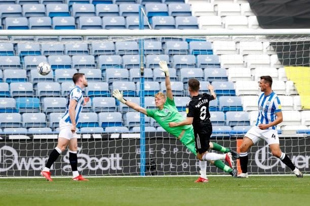 Harry Wilson of Fulham misses a great chance in front of goal during the Sky Bet Championship match between Huddersfield Town and Fulham at Kirklees...