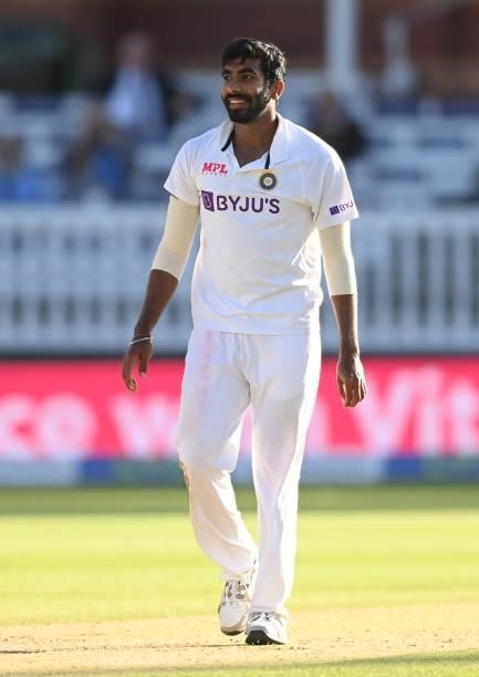 Jasprit Bumrah of India looks on during the third day of the 2nd LV= Test match between England and India at Lord's Cricket Ground on August 14, 2021...