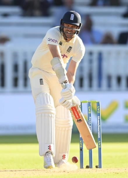 James Anderson of England bats against the bowling of Jasprit Bumrah of India during the third day of the 2nd LV= Test match between England and...