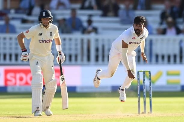 Mohammed Siraj of India bowls past Joe Root of England during the third day of the 2nd LV= Test match between England and India at Lord's Cricket...