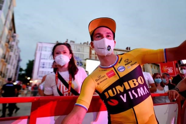 Primoz Roglic of Slovenia and Team Jumbo - Visma celebrates winning with his wife Lora Klinc on the podium ceremony after the 76th Tour of Spain...