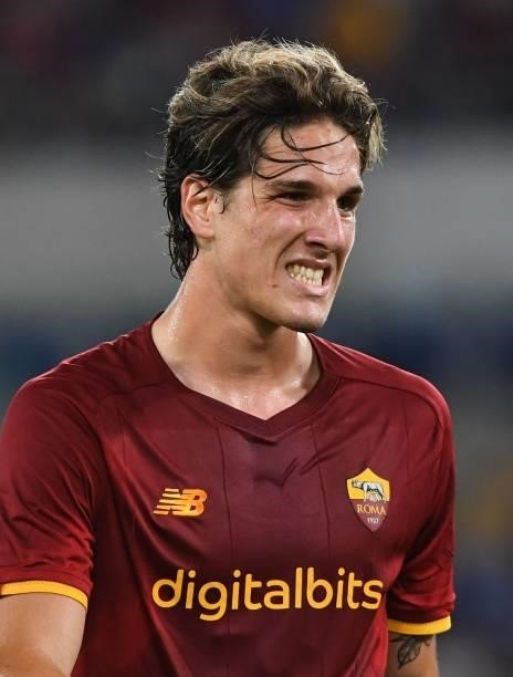 Nicolò Zaniolo of AS Roma gestures during the pre-season friendly match between AS Roma and Raja Casablanca at Stadio Olimpico on August 14, 2021 in...