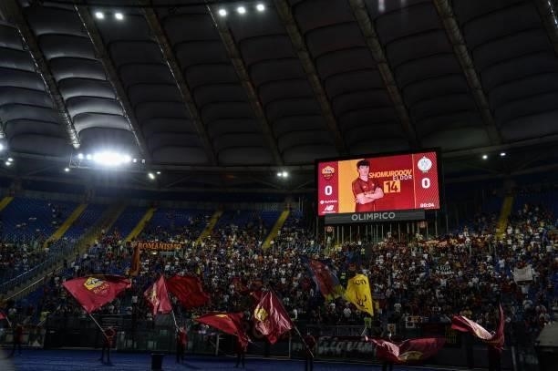 Monitor displays a picture of Eldor Shomurodov of AS Roma prior the pre-season friendly match between AS Roma and Raja Casablanca at Stadio Olimpico...