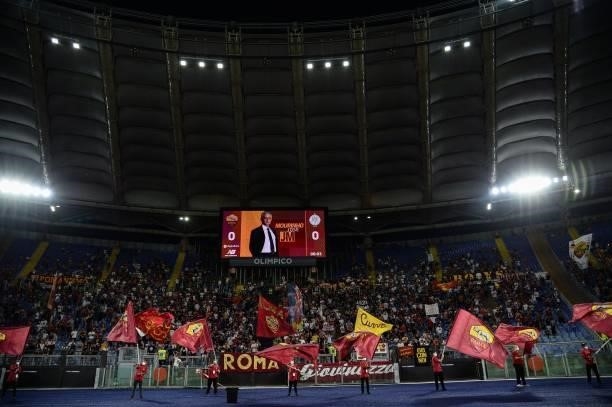 Monitor displays a picture of Jose Mourinho, head coach of AS Roma prior the pre-season friendly match between AS Roma and Raja Casablanca at Stadio...