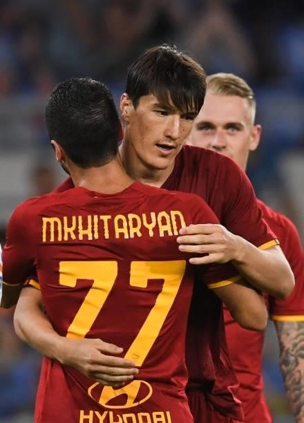 Henrikh Mkhitaryan of AS Roma celebrates with Eldor Shomurodov of AS Roma after scoring a goal 3-0 during the pre-season friendly match between AS...