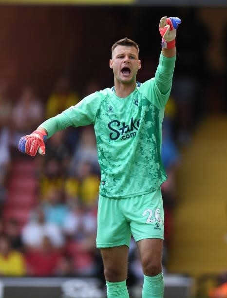 Daniel Bachmann of Watford during the Premier League match between Watford and Aston Villa at Vicarage Road on August 14, 2021 in Watford, England.
