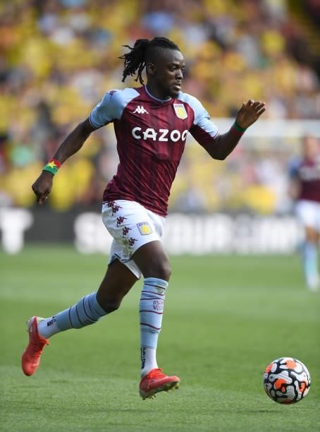 Bertrand Traore of Aston Villa during the Premier League match between Watford and Aston Villa at Vicarage Road on August 14, 2021 in Watford,...