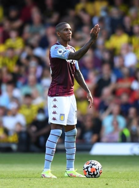 Ashley Young of Aston Villa during the Premier League match between Watford and Aston Villa at Vicarage Road on August 14, 2021 in Watford, England.