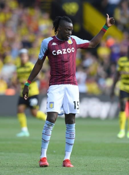 Bertrand Traore of Aston Villa during the Premier League match between Watford and Aston Villa at Vicarage Road on August 14, 2021 in Watford,...