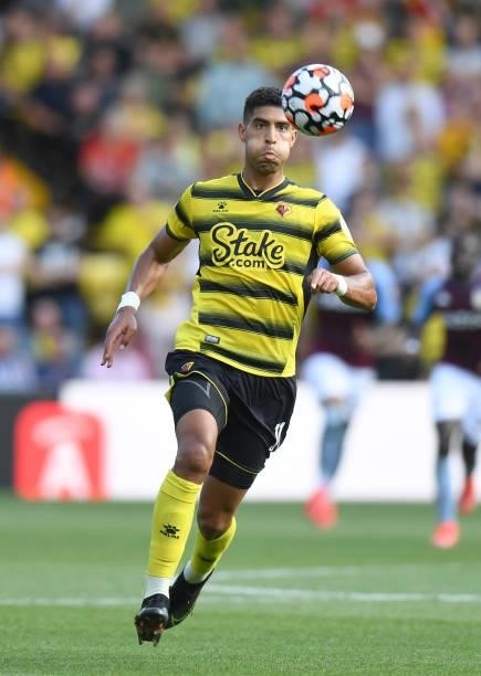 Adam Masina of Watford during the Premier League match between Watford and Aston Villa at Vicarage Road on August 14, 2021 in Watford, England.