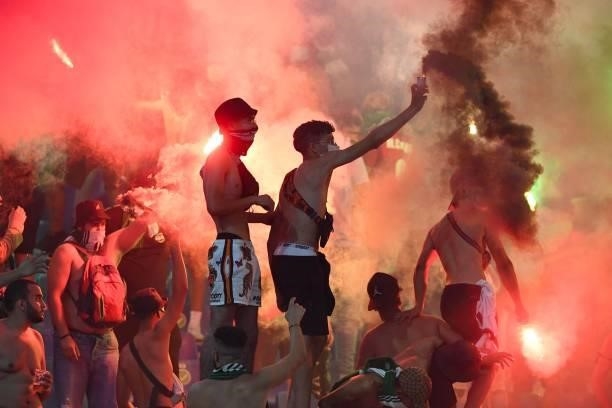 Raja Casablanca supporters during the pre-season friendly match between AS Roma and Raja Casablanca at Stadio Olimpico on August 14, 2021 in Rome,...