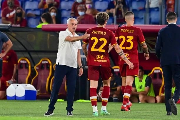 Nicolò Zaniolo and AS Roma coach Josè Mourinho during the pre-season friendly match between AS Roma and Raja Casablanca at Centro Sportivo Giulio...