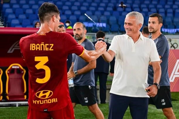 Roger Ibanez and AS Roma coach Josè Mourinho during the pre-season friendly match between AS Roma and Raja Casablanca at Centro Sportivo Giulio...