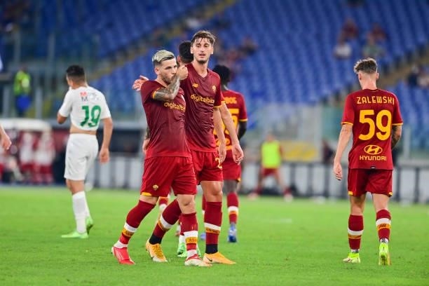 Carles Perez celebrates his goal with teammates during the pre-season friendly match between AS Roma and Raja Casablanca at Centro Sportivo Giulio...
