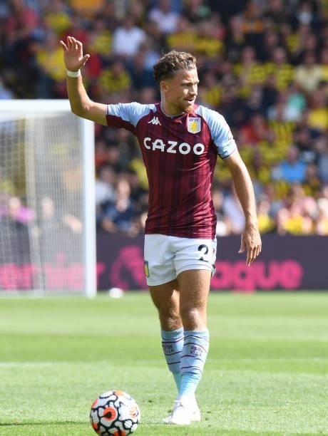 Matthew Cash of Aston Villa during the Premier League match between Watford and Aston Villa at Vicarage Road on August 14, 2021 in Watford, England.