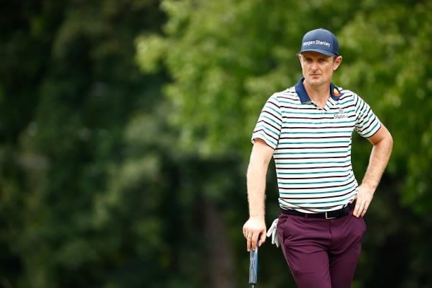 Justin Rose of England looks on from the 11th green during the third round of the Wyndham Championship at Sedgefield Country Club on August 14, 2021...
