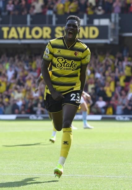 Ismaila Sarr of Watford celebrates scoring his sides second golal during the Premier League match between Watford and Aston Villa at Vicarage Road on...